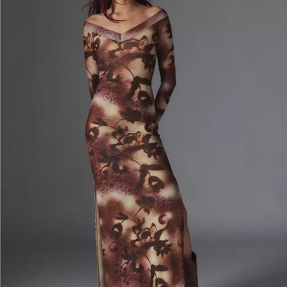 Silence + Noise Dylan Off the Shoulder Maxi Sz.S Brown Floral Dress - Picture 3 of 8